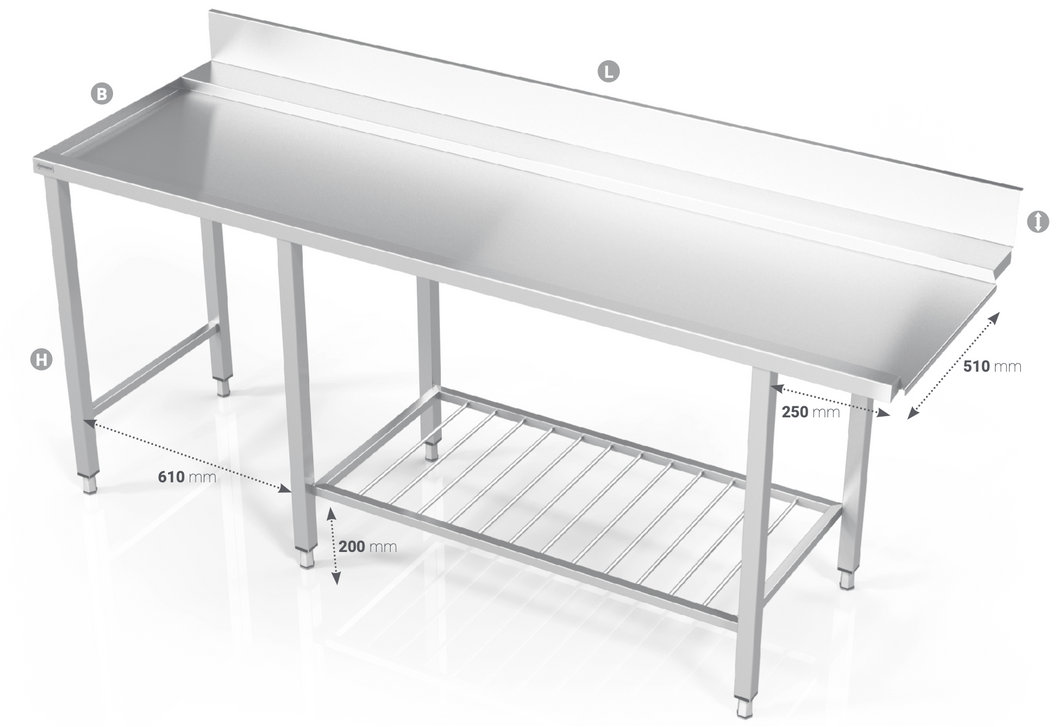 TABLE TO DISHWASHER WITH GRID SHELF AND SPACE FOR EQUIPMENT - Steelior