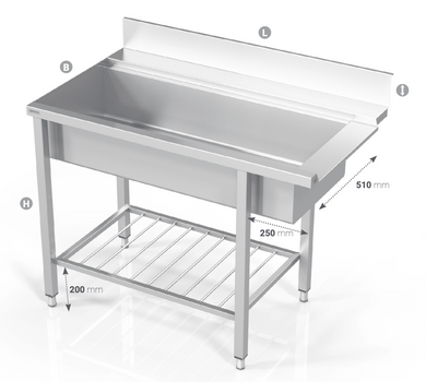 TABLE TO DISHWASHER WITH BIG SINK AND GRID SHELF - Steelior