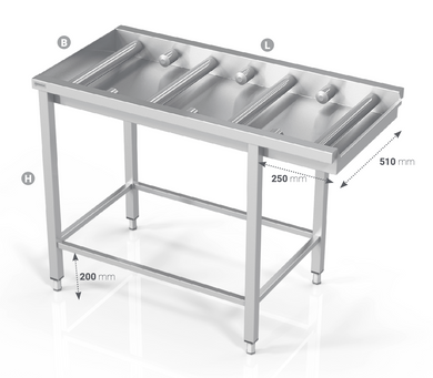 TABLE TO DISHWASHER WITH LONG ROLLS AND FRAME FOR MODULAR SHELVES - Steelior